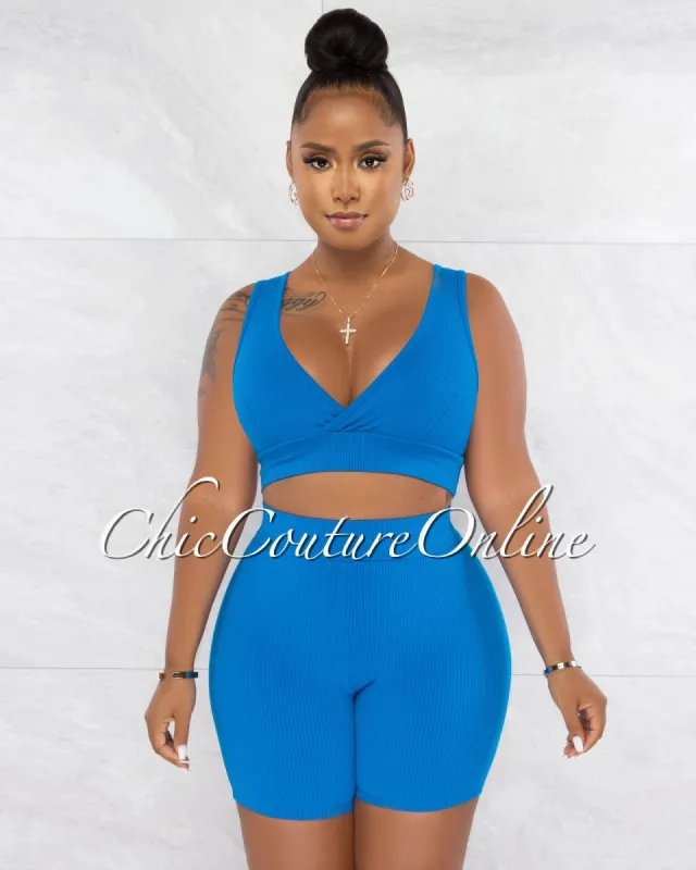 *Jadal Blue Crop Top & Bike Shorts Ribbed Set sold by chic