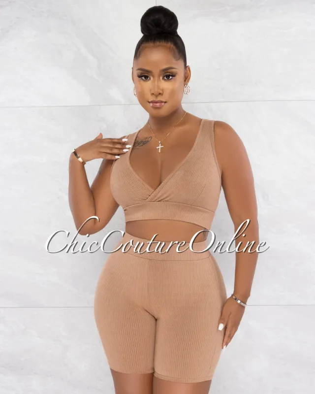 *Jadal Khaki Crop Top & Bike Shorts Ribbed Set sold by Chic Couture