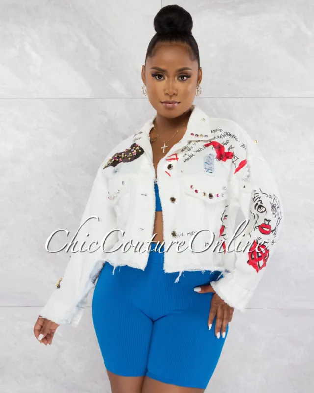 *Selby White Denim Multi-Color Rhinestones & Graphics Jacket sold by chic