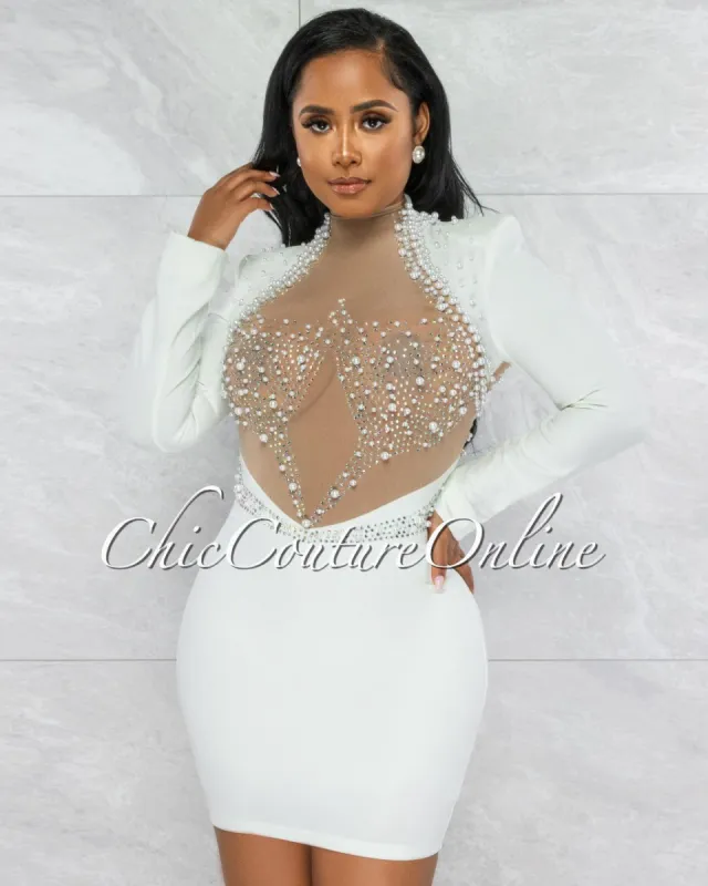 *Yecenia Off-White Nude Mesh Rhinestones & Pearls Mini Dress sold by chic