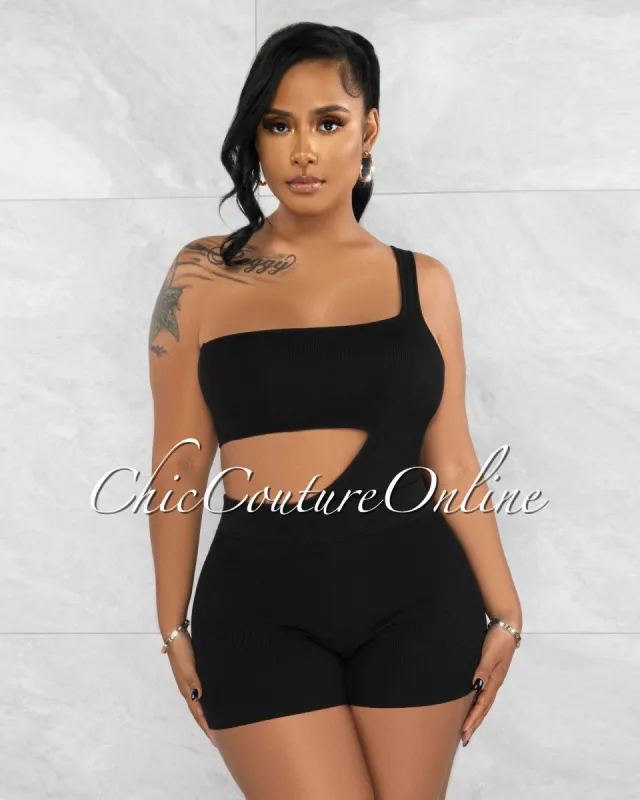 *Joel Black Waist Cut-Out Bodysuit & Shorts Knit Set sold by Chic Couture