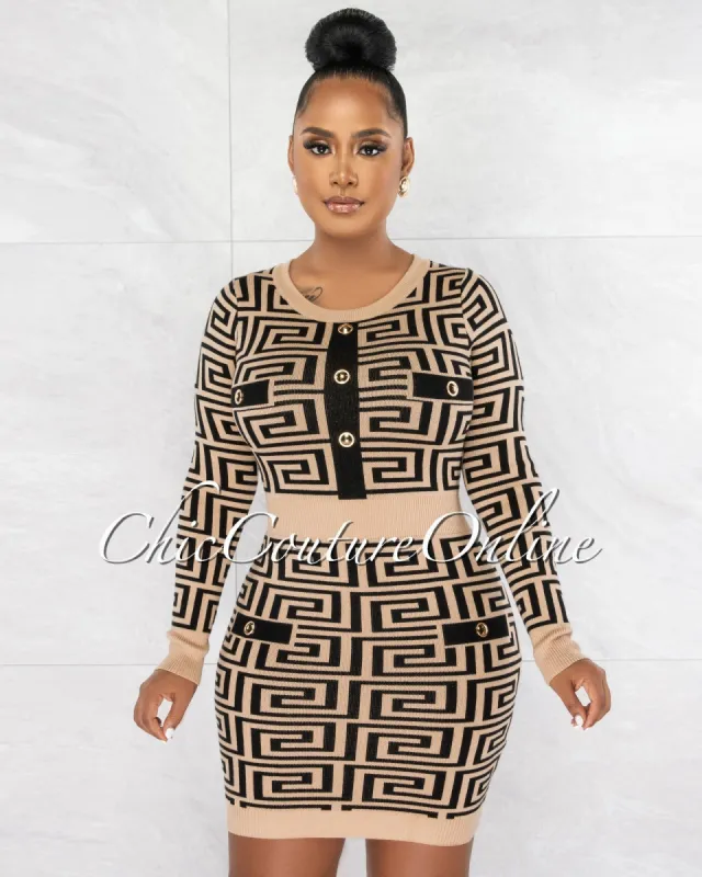 *Elga Nude Black Fret Print Gold Buttons Dress sold by chic