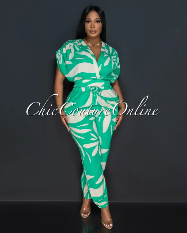 Indira Green Cream Crop Top & Jogger Pants Set sold by Chic Couture