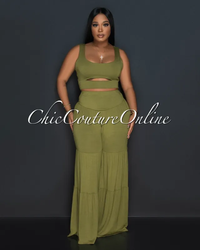 Adwin Olive Green Key-Hole Crop Top & Wide Pants Set sold by Chic Couture