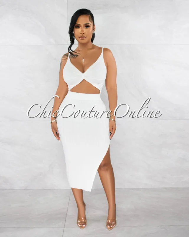 Tangela Off-White Knot Crop Top & Maxi Skirt Ribbed Set sold by chic