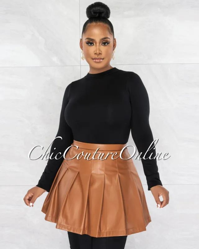 Farah Camel Vegan Leather Pleated Mini Skirt sold by chic