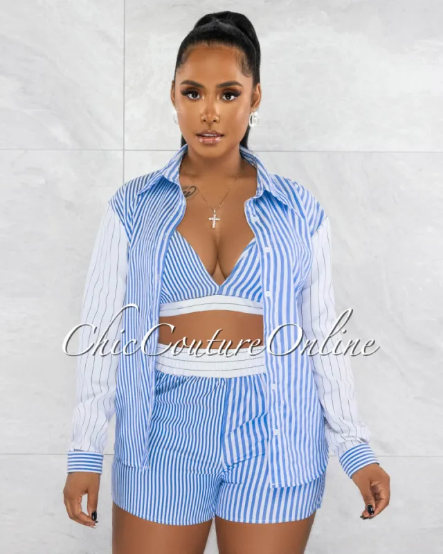 *Jerrie White Blue Stripes Crop Top / Shirt & Shorts 3 Piece Set sold by Chic Couture
