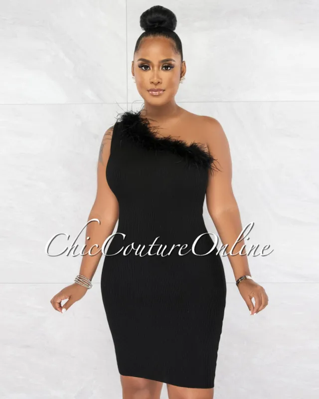 *Rawnie Black Feather Neckline Single Shoulder Ribbed Dress sold by chic