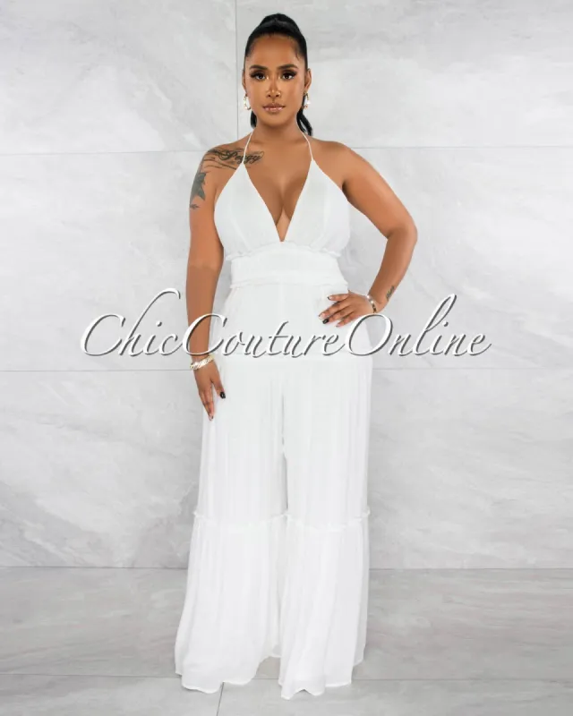 Curtis Off-White Ruffle Details Halter Jumpsuit sold by chic