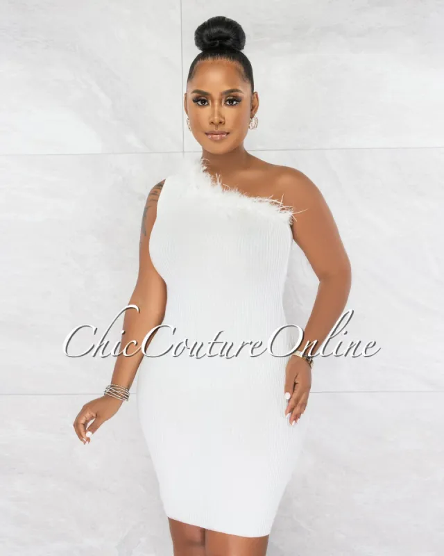 *Rawnie Off-White Feather Neckline Single Shoulder Ribbed Dress sold by chic