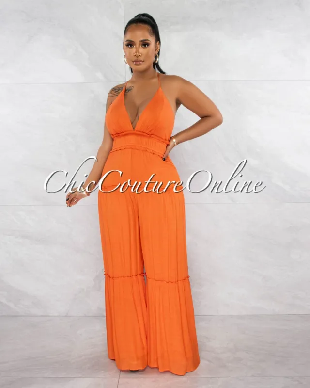 Curtis Orange Ruffle Details Halter Jumpsuit sold by Chic Couture