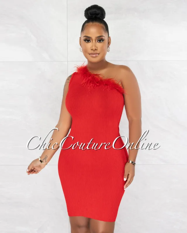 *Rawnie Red Feather Neckline Single Shoulder Ribbed Dress sold by Chic Couture