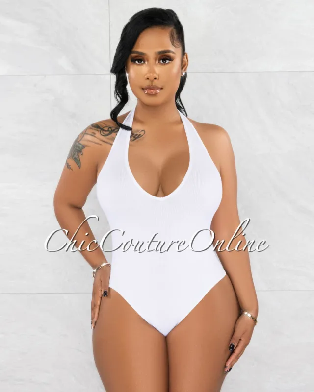 Orada White Halter Ribbed Body-Con Bodysuit sold by chic