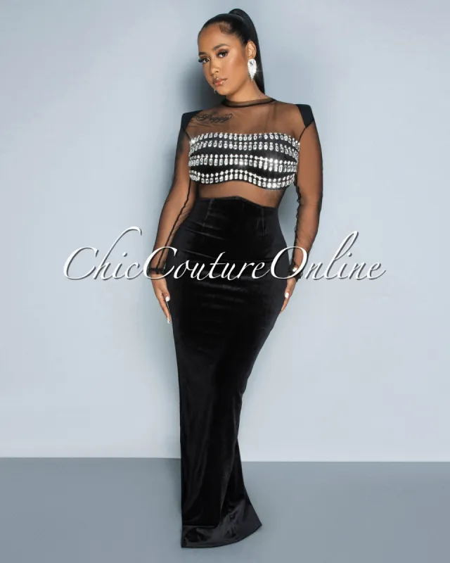 Neith Black Mesh Sheer Rhinestones Bust Velvet Maxi Dress sold by Chic Couture