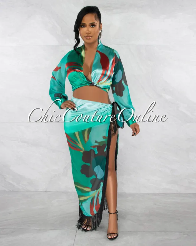 Roxana Green Print Silky Crop Top & Fringe Slit Skirt Set sold by Chic Couture