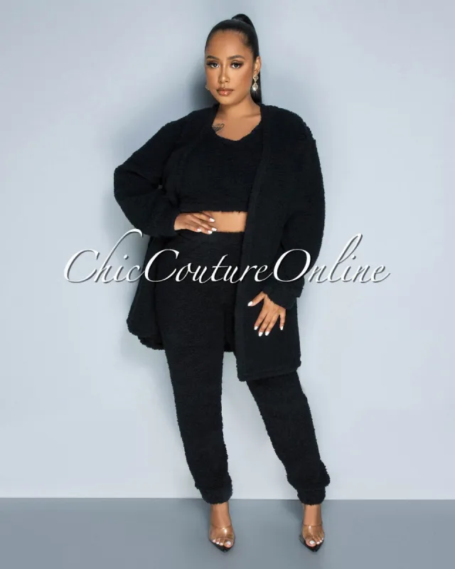 Evenson Black Faux Fur Crop Top - Pants & Duster Set sold by Chic Couture