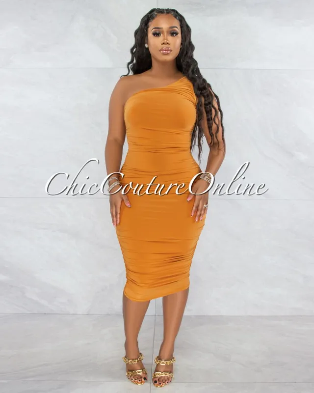 *Dolores Mango Ruched Single Shoulder Midi Dress sold by chic