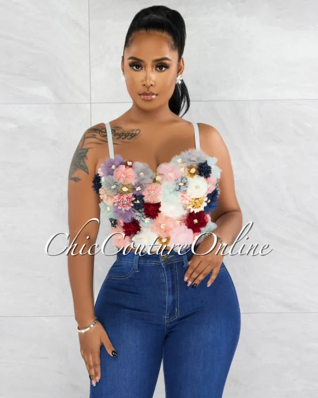 Emmely Off-White Multi-Color Floral Embroidery Padded Bustier sold by chic