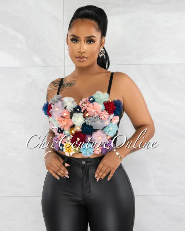 Emmely Black Multi-Color Floral Embroidery Padded Bustier sold by chic