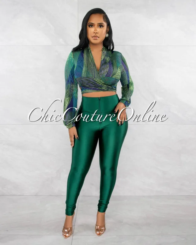 Raymond Navy Blue Green Print Tie Top & Green Leggings Set sold by chic