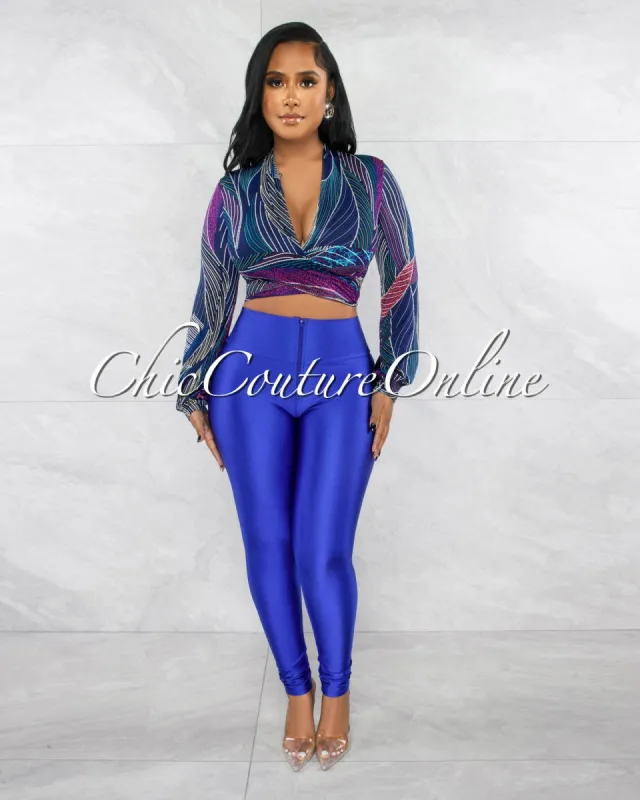 Berdy Navy Blue Print Tie Top & Blue Leggings Set sold by chic
