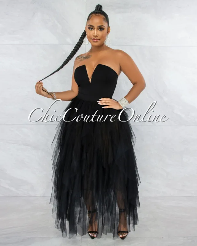 *Odalys Black Strapless Tulle Ruffle Bodysuit Dress sold by Chic Couture