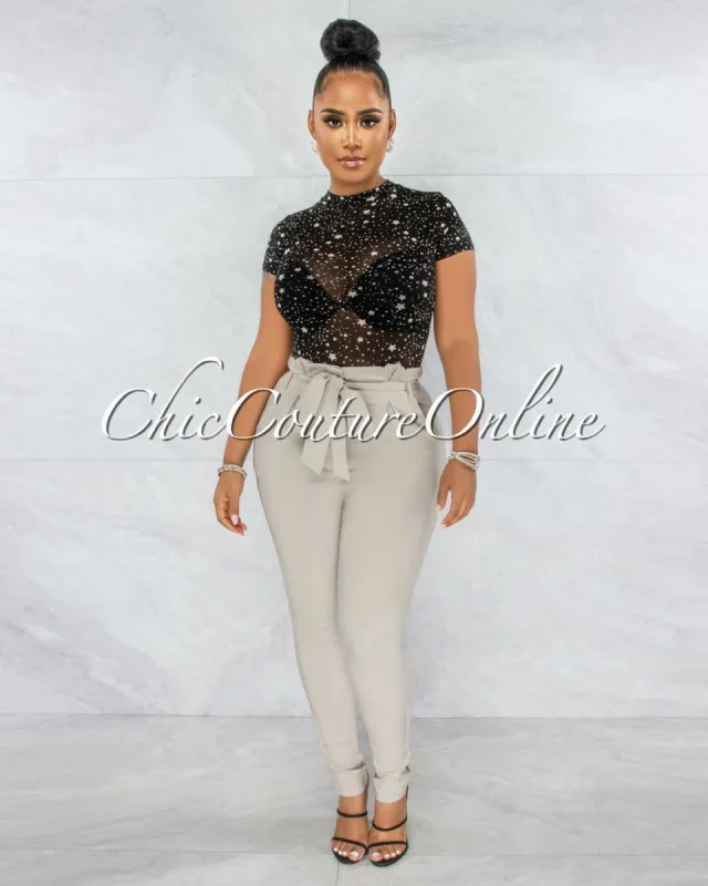 Jarrett Taupe Pleated Paper Bag Tie Belt Pants sold by chic