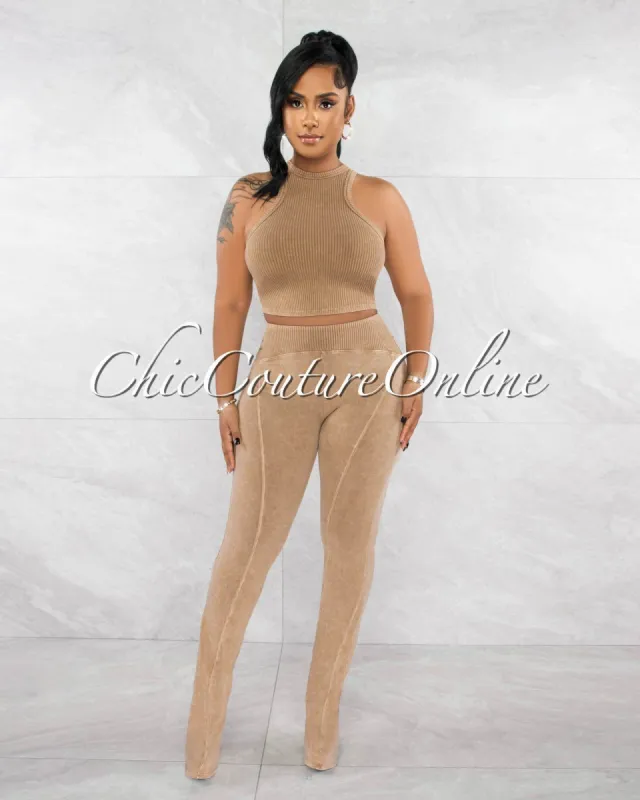 Keeya Mocha Ribbed Crop Top & Sweatpants Set sold by Chic Couture
