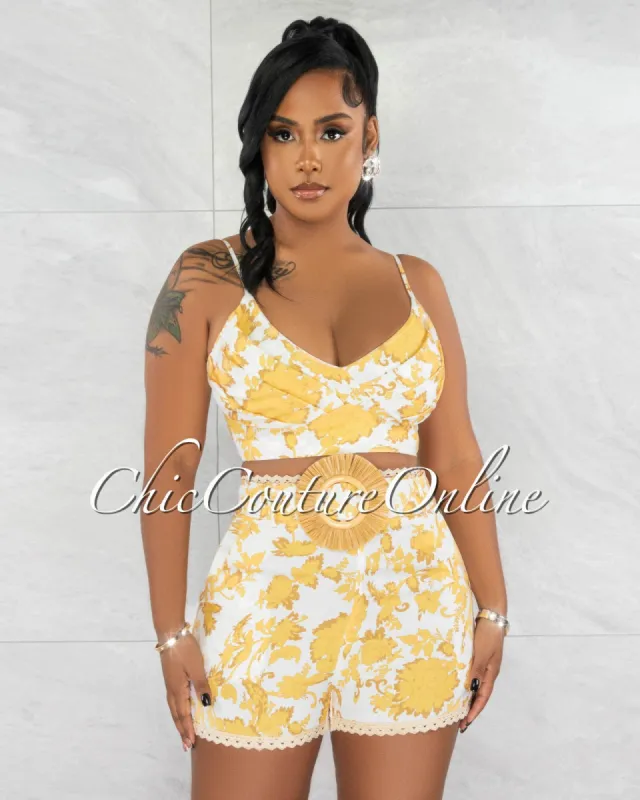 *Daigle White Yellow Print Crop Top & Straw Buckle Belt Shorts Set sold by Chic Couture