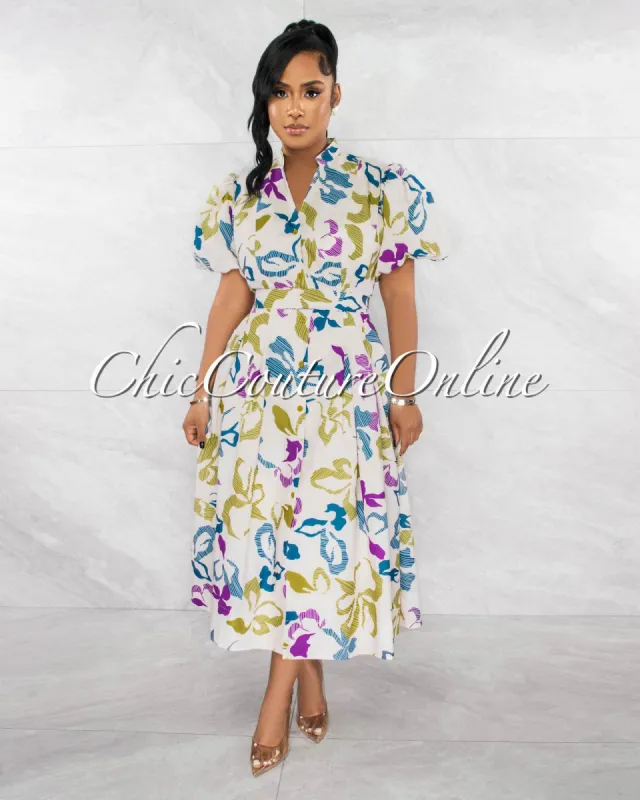 Dahina Cream Multi-Color Print Pleated Midi Shirt Dress sold by Chic Couture