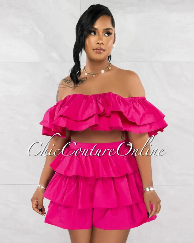 Grenae Fuchsia Ruffle Crop Top & Ruffle Shorts Set sold by chic