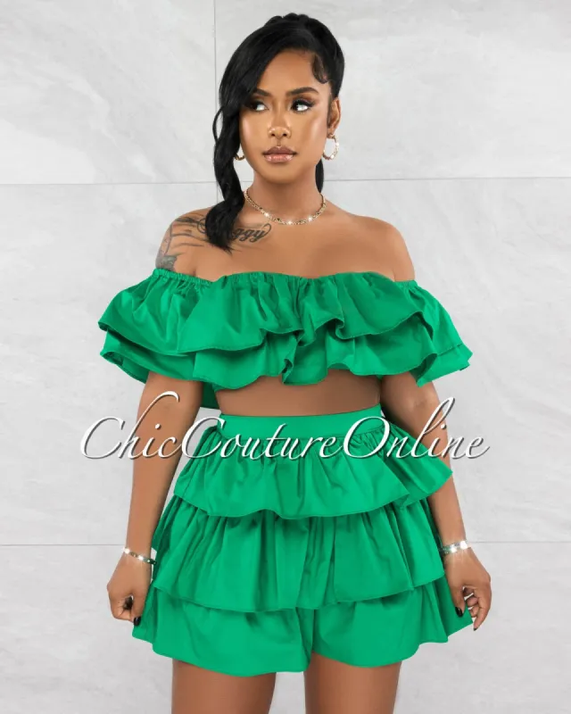 Grenae Green Ruffle Crop Top & Ruffle Shorts Set sold by Chic Couture