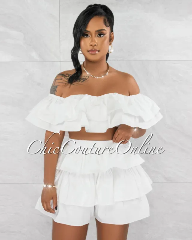 Grenae Off-White Ruffle Crop Top & Ruffle Shorts Set sold by chic