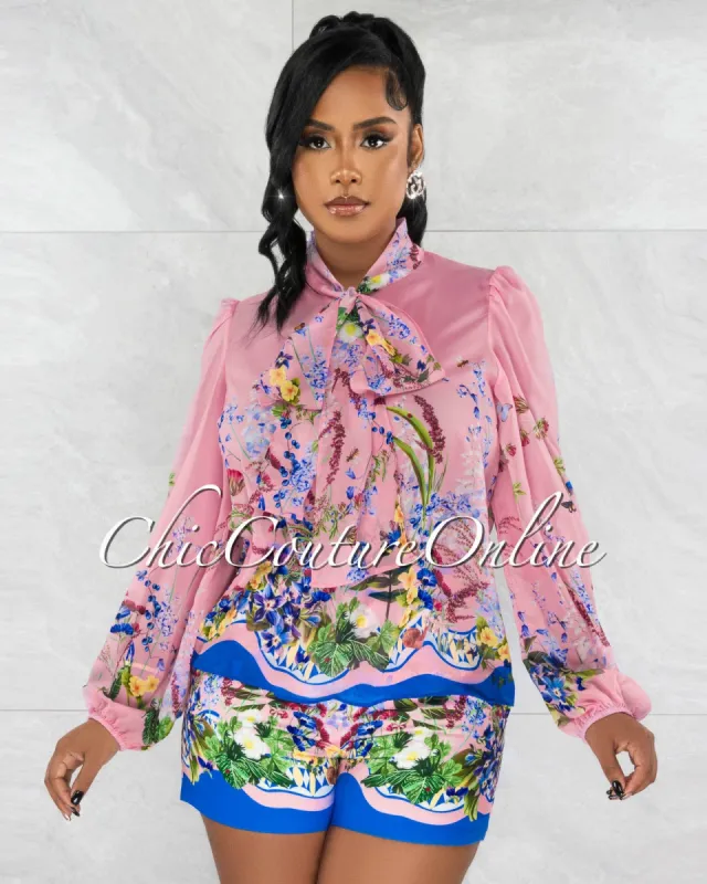 Fortney Pink Floral Print Semi-Sheer Blouse & Shorts Set sold by Chic Couture