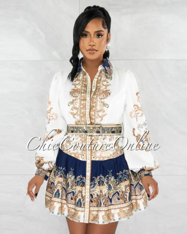Avasa White Navy Paisley Print Gold Buckle Belt Shirt Dress sold by Chic Couture