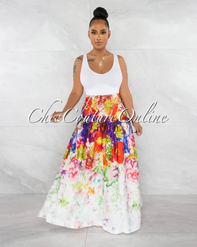 Zack Multi-Color Floral Print Trim Accent Maxi Skirt sold by Chic Couture