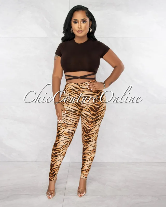 Liecel Brown Tie Detail Crop Top & Tiger Print Leggings Set sold by Chic Couture