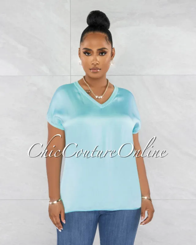 Sanney Baby Blue Silky V-Neckline Top sold by Chic Couture