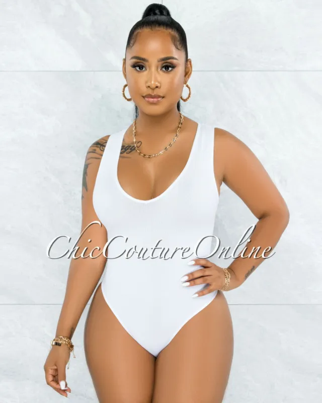 Busie White V-Neck Ribbed Body-Con Bodysuit sold by Chic Couture