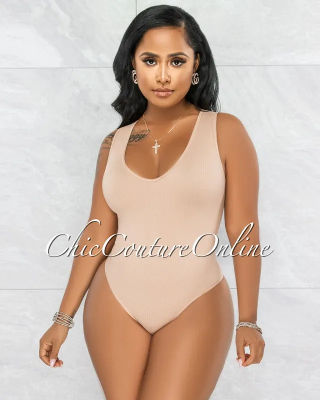 Busie Nude V-Neck Ribbed Body-Con Bodysuit sold by Chic Couture