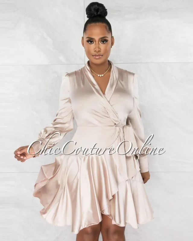 *Eloyda Champagne Wrap High Low Ruffle Dress sold by Chic Couture