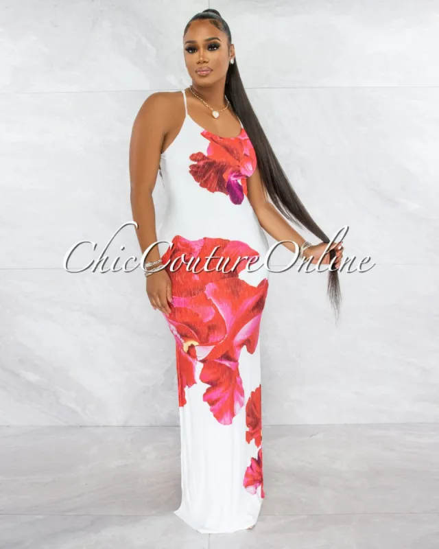 Primola White Red Rose Print Back Strappy Maxi Dress sold by chic