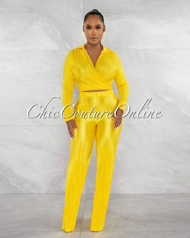 Rafael Yellow Ribbed Crop Top & Wide Pants Set made by Chic Couture
