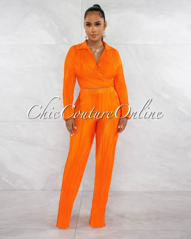 Rafael Orange Ribbed Crop Top & Wide Pants Set sold by Chic Couture