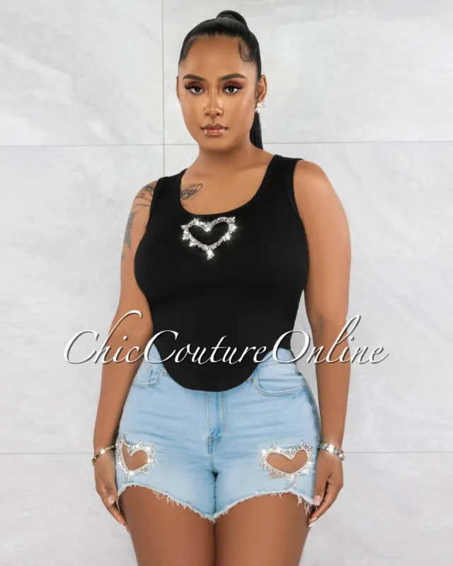 Ethan Black Rhinestones Heart Accent Crop Top sold by Chic Couture