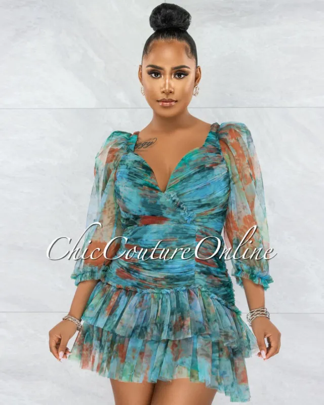 Monay Teal Green Mesh Pleated Ruffle Mini Dress sold by chic