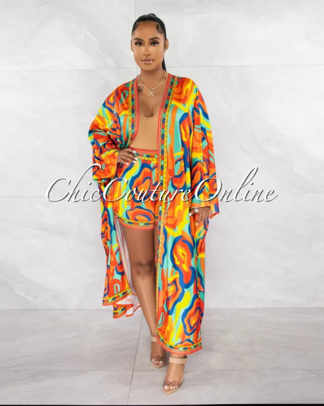 Rocio Orange Multi-Color Print Duster & Shorts Set sold by Chic Couture