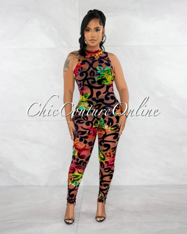 Chicca Nude Velvet Multi-Color Print Sheer Jumpsuit sold by Chic Couture
