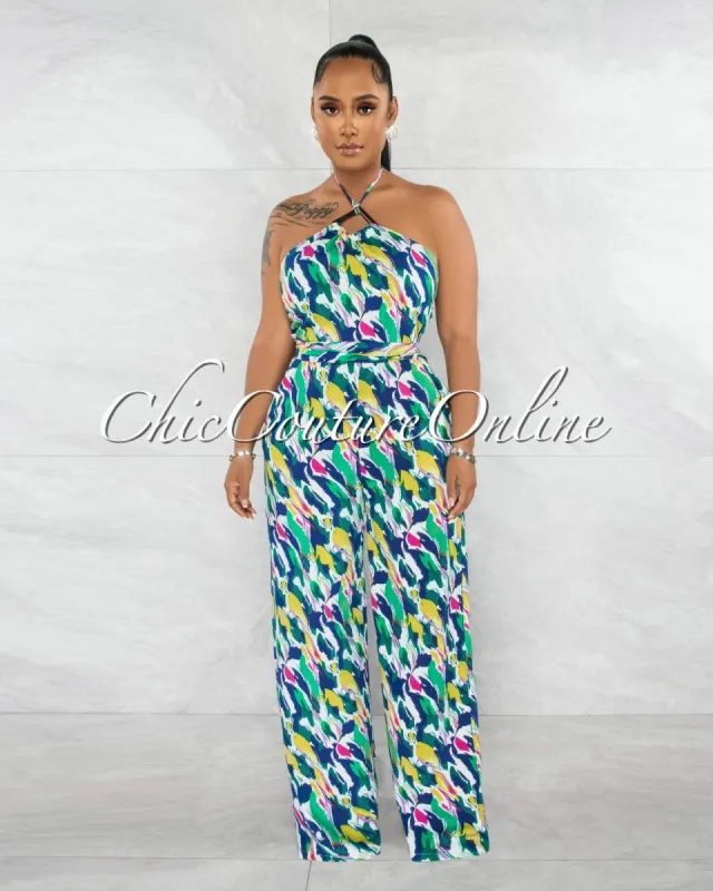 Nortia Green Multi-Color Print Halter Wide Legs Jumpsuit sold by chic
