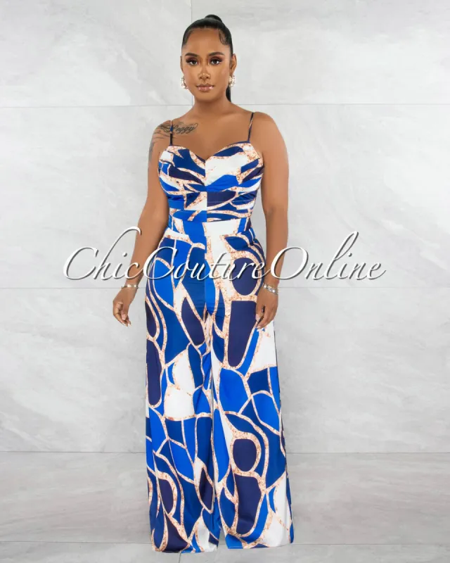 Diallo Navy Blue Print Silky Wide Legs Jumpsuit sold by Chic Couture